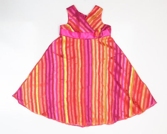 TU Womens Pink Striped Polyester Fit & Flare  Size 6  Round Neck Button