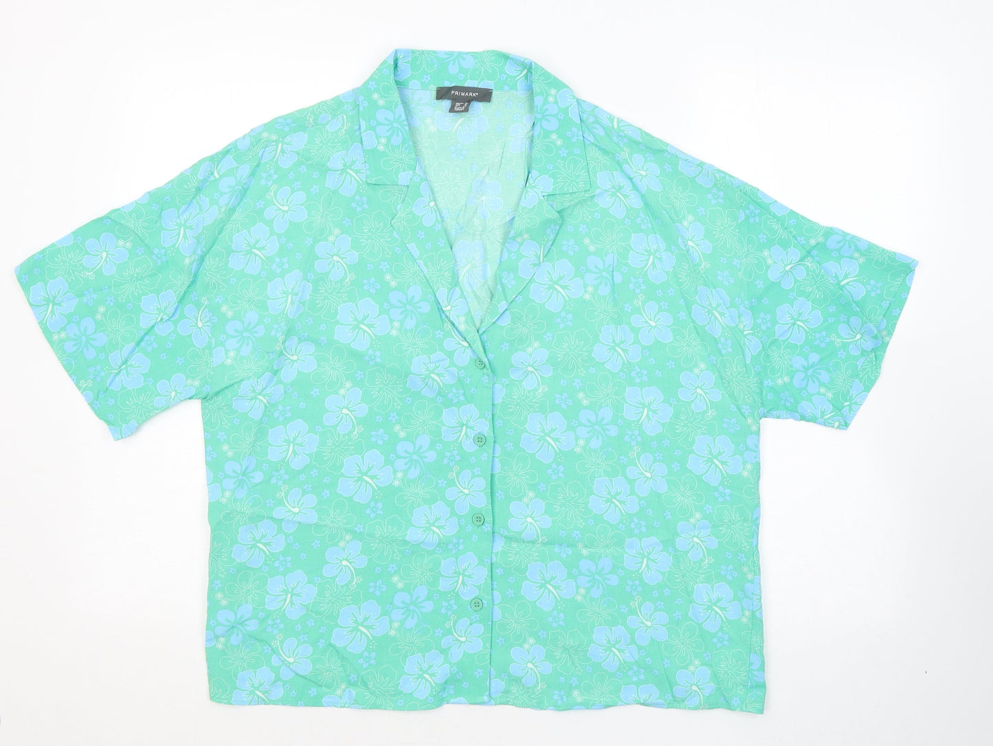 Primark Womens Green Floral Viscose Basic Button-Up Size 12 Collared