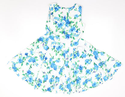 Kate Kasin Womens Ivory Floral Polyester Fit & Flare  Size S  Round Neck Zip