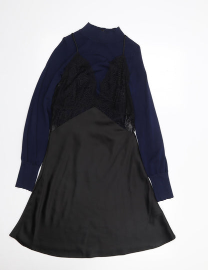 Topshop Womens Black  Viscose Jumper Dress  Size 6  High Neck Pullover
