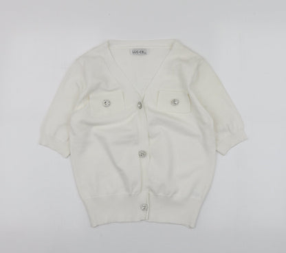 Luc-ce Womens White V-Neck  Viscose Cardigan Jumper Size M