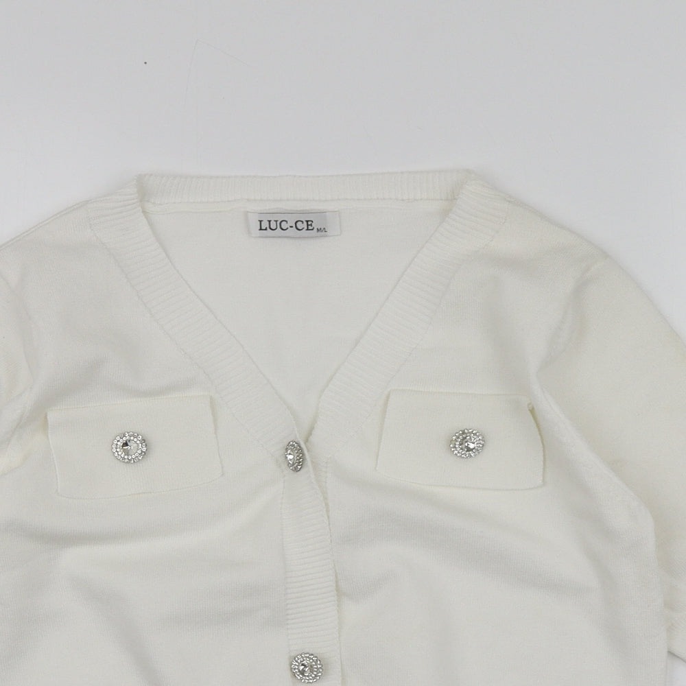 Luc-ce Womens White V-Neck  Viscose Cardigan Jumper Size M