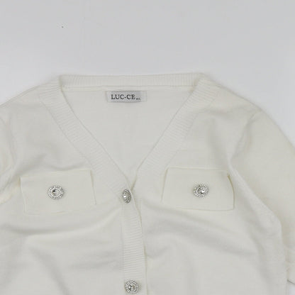 Luc-ce Womens White V-Neck  Viscose Cardigan Jumper Size M