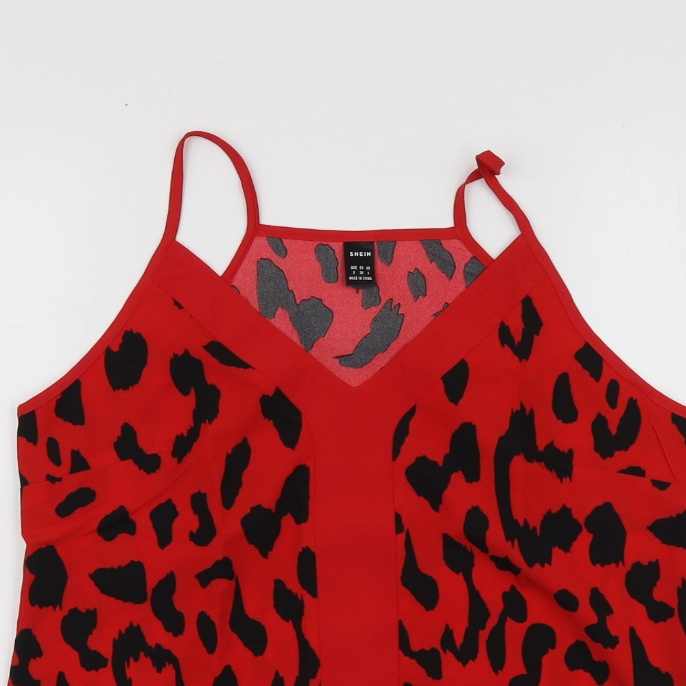 SheIn Womens Red Animal Print Polyester Basic T-Shirt Size S V-Neck