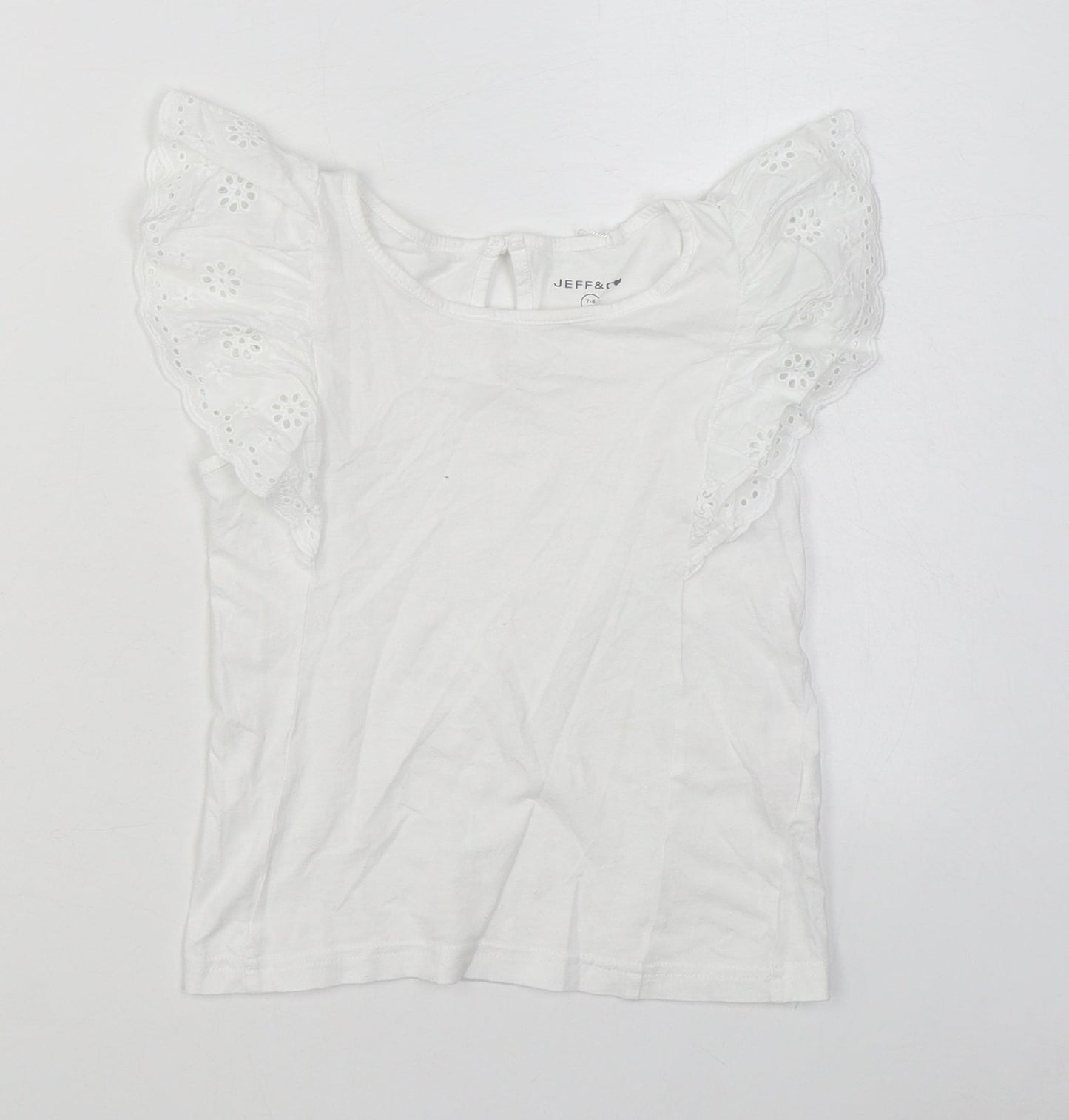 Jeff & Co Girls White  100% Cotton Basic Blouse Size 7-8 Years Boat Neck Button