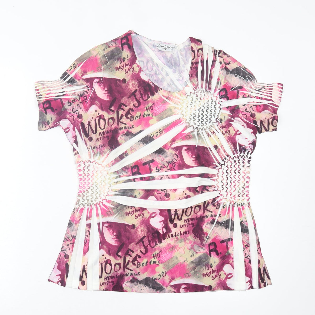 Sarah Louise Womens Pink Geometric Polyester Basic T-Shirt Size M Crew Neck