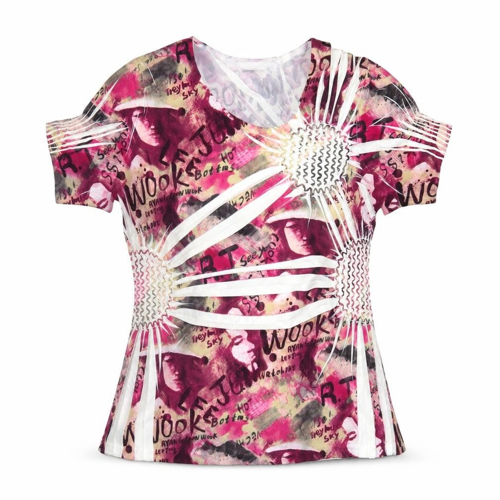 Sarah Louise Womens Pink Geometric Polyester Basic T-Shirt Size M Crew Neck