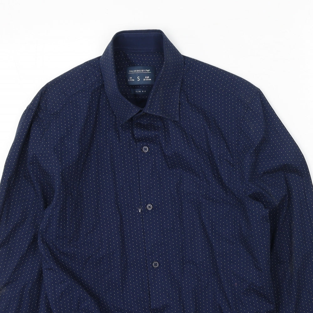 F&F Mens Blue Polka Dot Cotton  Button-Up Size S Collared