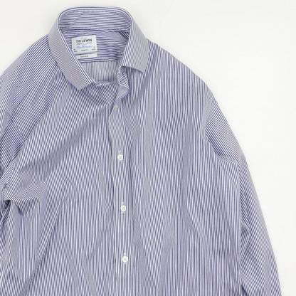 T.M.Lewin Mens Blue Striped Cotton  Button-Up Size 34 Collared