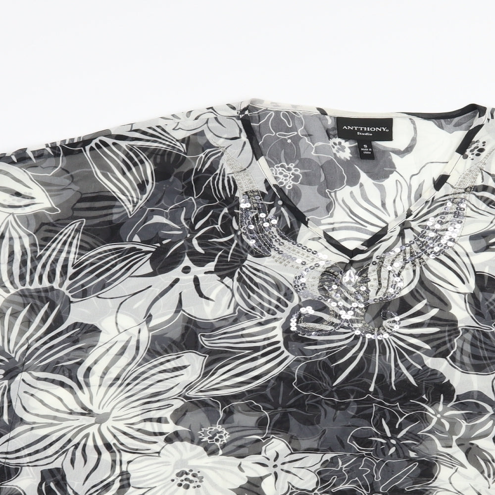 Anthony Studio Womens Black Floral Polyester Tunic Blouse Size S V-Neck - Beach Cover Up