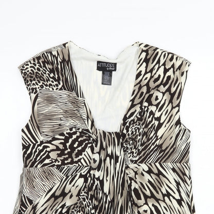 Attitudes Womens Brown Animal Print Polyester Basic Blouse Size L V-Neck