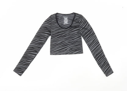 Primark Womens Black Striped Polyester Cropped Casual Size XS Crew Neck