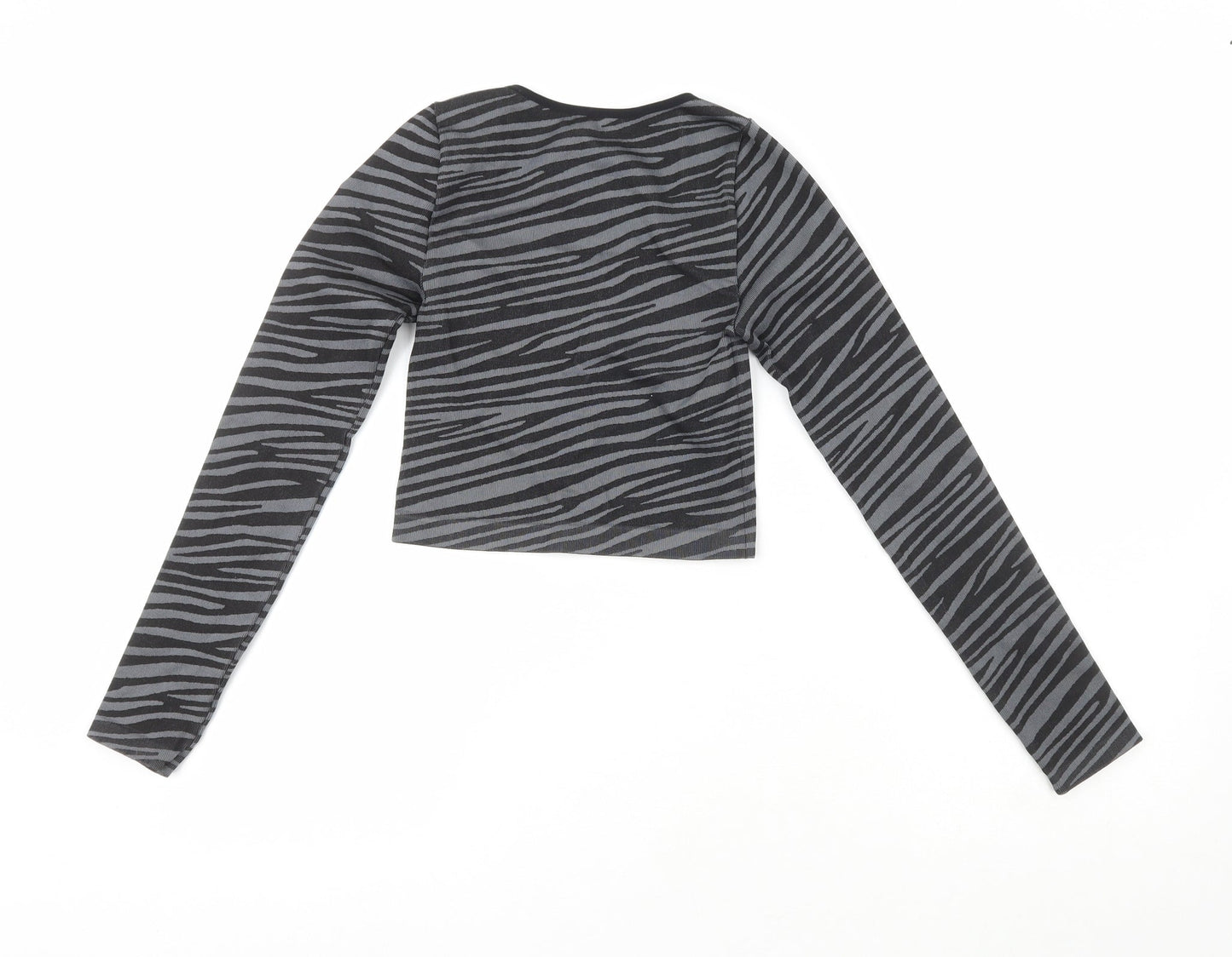 Primark Womens Black Striped Polyester Cropped Casual Size XS Crew Neck