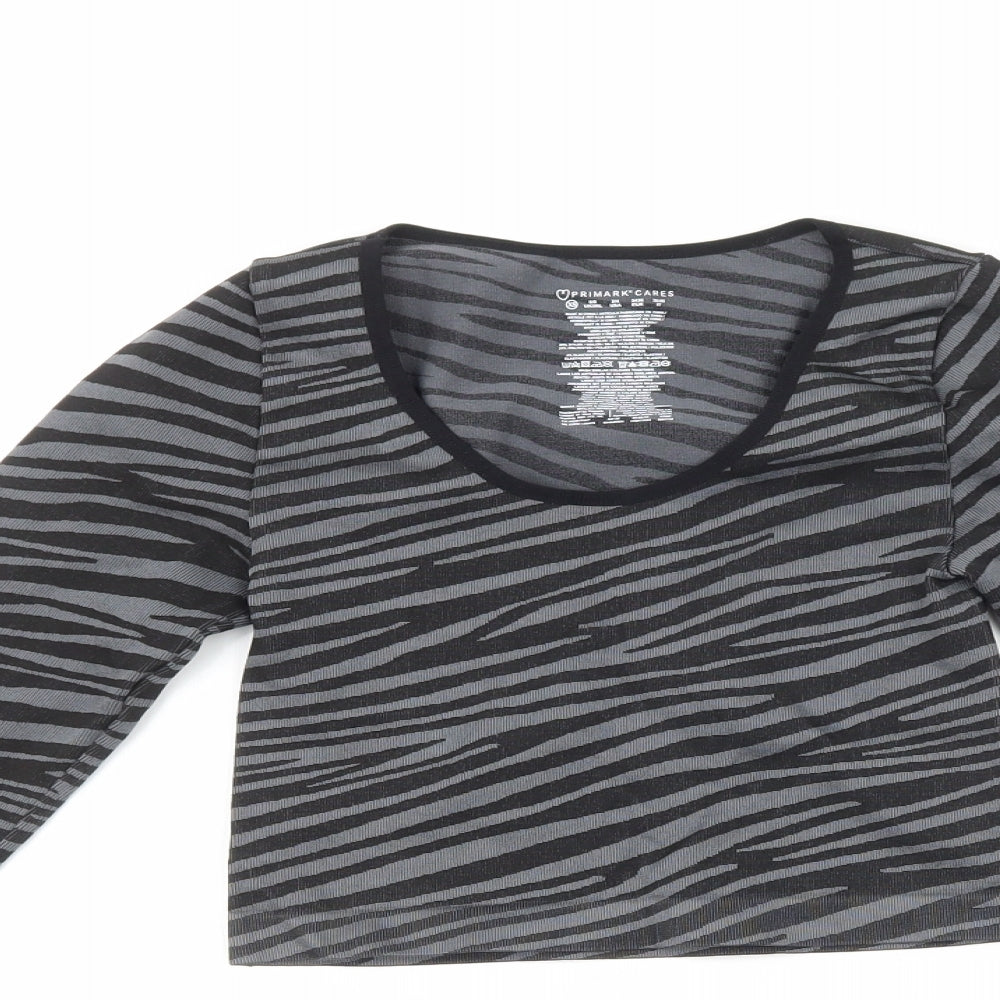 Primark Womens Black Striped Polyester Cropped Casual Size XS Crew Neck