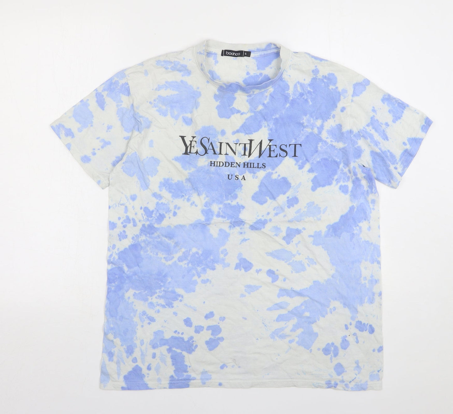 Boohoo Womens Blue Geometric Cotton Basic T-Shirt Size S Round Neck