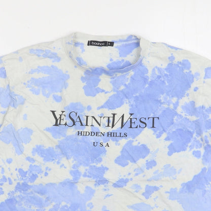 Boohoo Womens Blue Geometric Cotton Basic T-Shirt Size S Round Neck