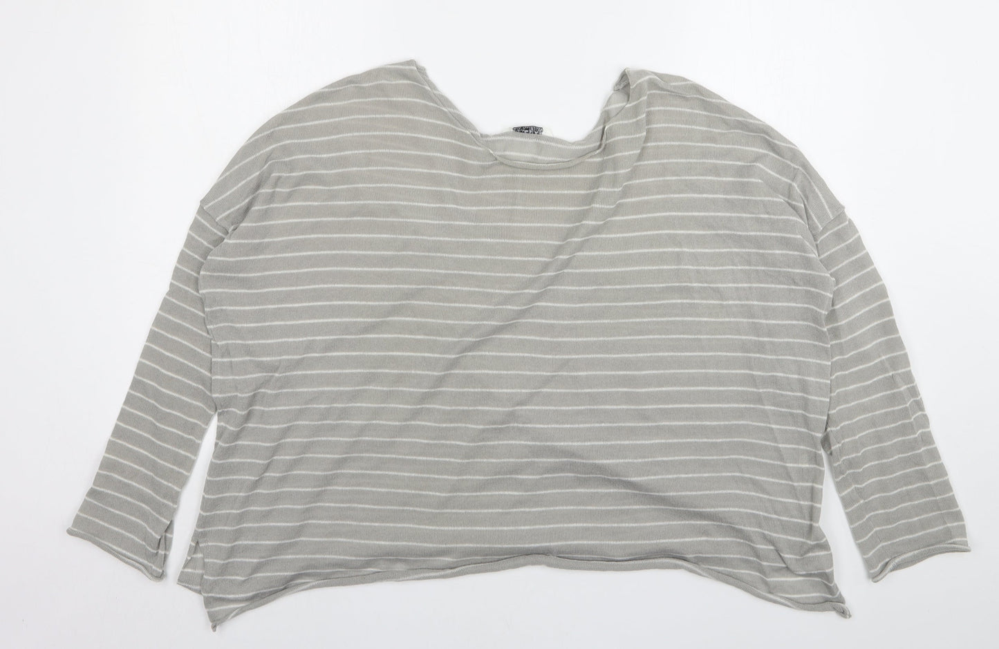 Pull & Bear Mens Grey Round Neck Striped Acrylic Pullover Jumper Size L
