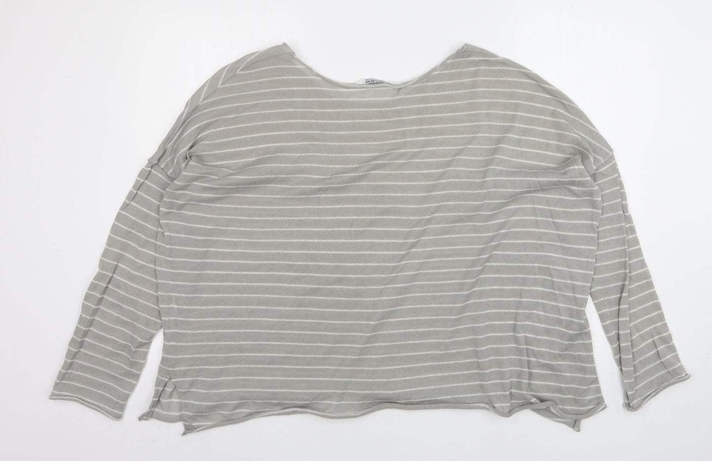 Pull & Bear Mens Grey Round Neck Striped Acrylic Pullover Jumper Size L