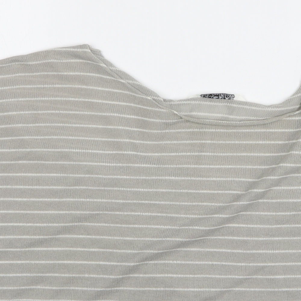 Pull & Bear Mens Grey Round Neck Striped Acrylic Pullover Jumper Size L