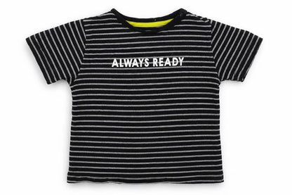 Jeff & Co Boys Grey Striped Cotton Basic T-Shirt Size 18-24 Months Crew Neck Pullover - Always Ready