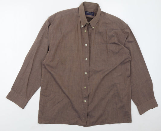 Mens UK Size 15.5 Double TWO Brown  Button-Up Long Sleeve Casual Shirt