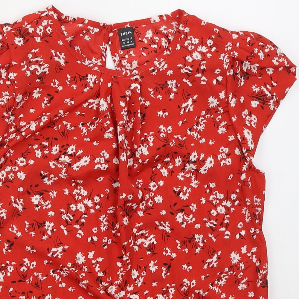 SheIn Womens Red Floral Polyester Basic Blouse Size M Crew Neck