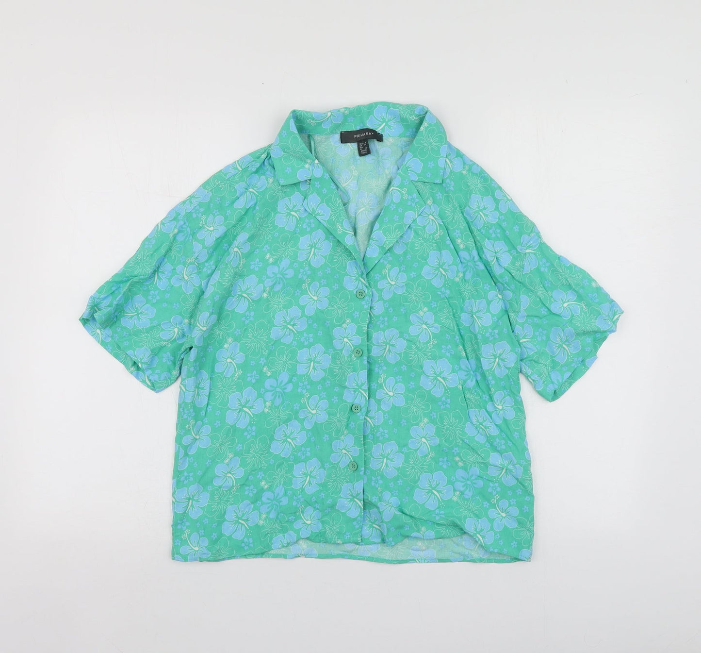 Primark Womens Green Floral Viscose Basic Button-Up Size 6 V-Neck