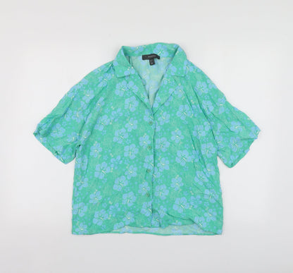 Primark Womens Green Floral Viscose Basic Button-Up Size 6 V-Neck