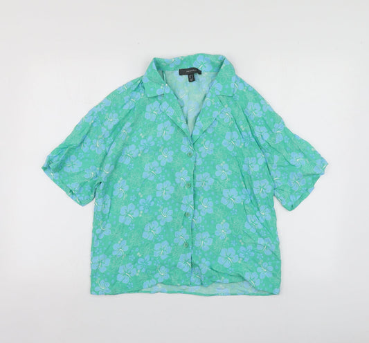 Primark Womens Green Floral Viscose Basic Button-Up Size 6 V-Neck