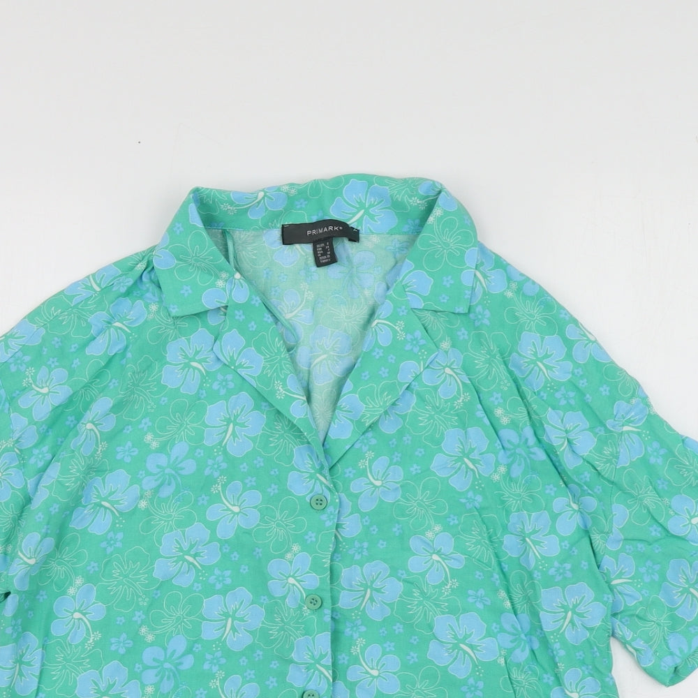 Primark Womens Green Floral Viscose Basic Button-Up Size 6 V-Neck