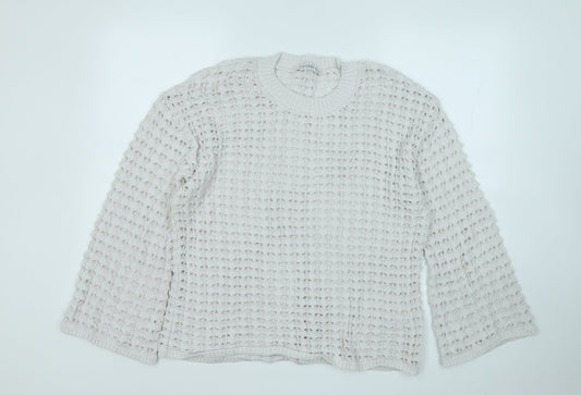 Gallery Womens White Round Neck  Cotton Pullover Jumper Size L