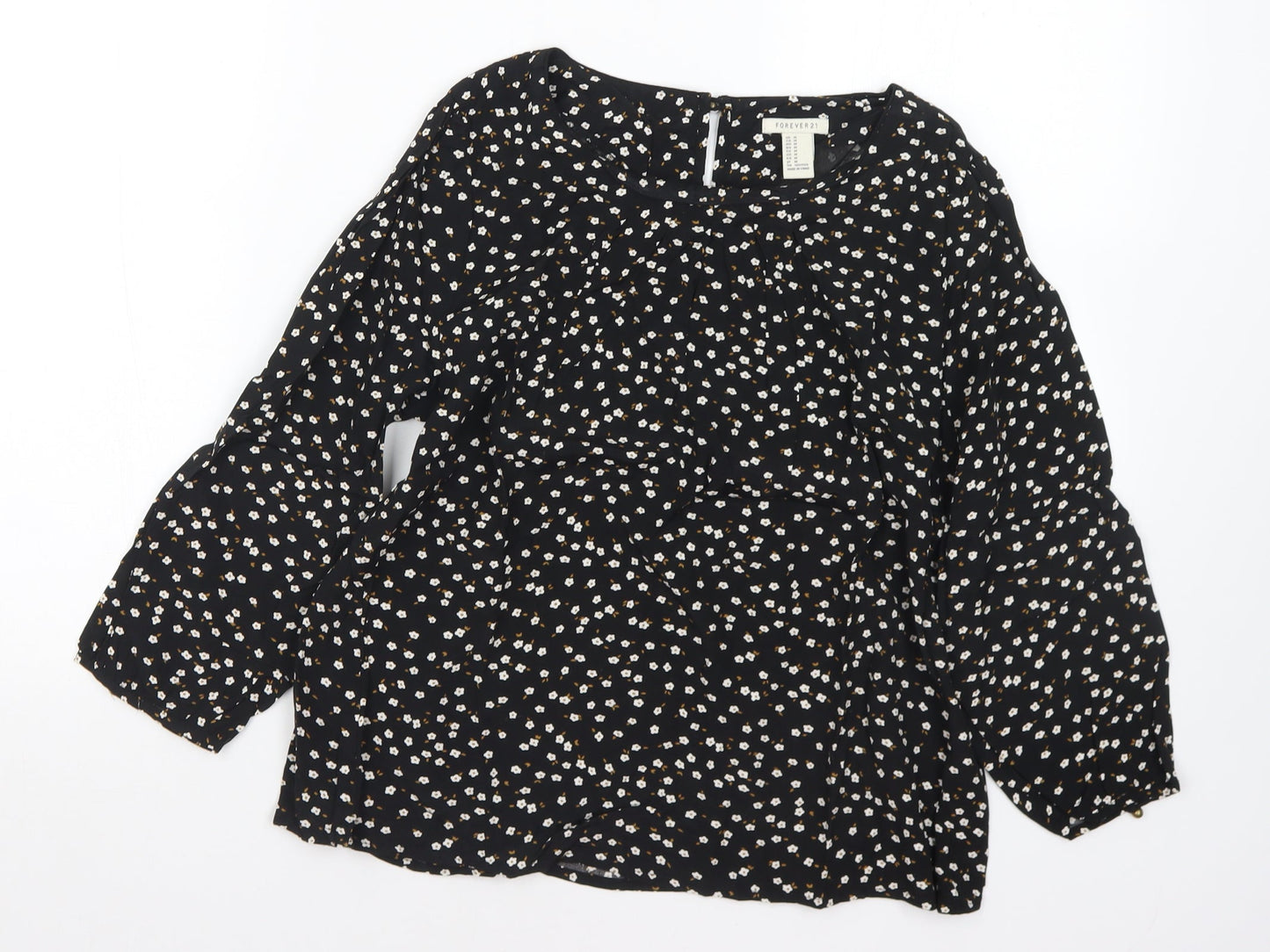 FOREVER 21 Womens Black Floral Polyester Basic Blouse Size M Round Neck