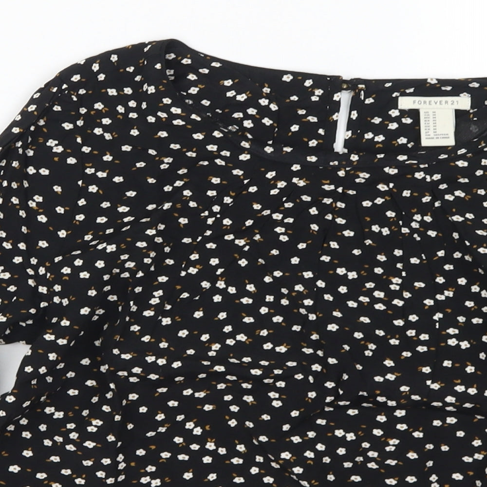 FOREVER 21 Womens Black Floral Polyester Basic Blouse Size M Round Neck