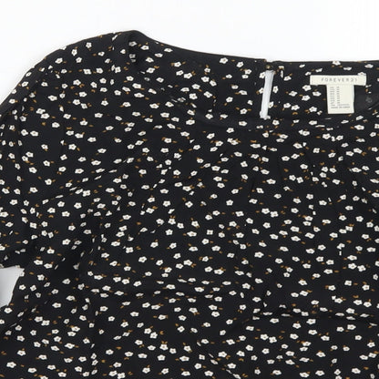 FOREVER 21 Womens Black Floral Polyester Basic Blouse Size M Round Neck