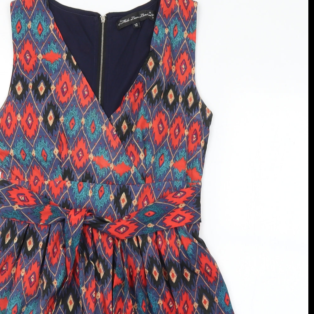 Yumi Womens Multicoloured Geometric Polyester A-Line  Size 12  V-Neck