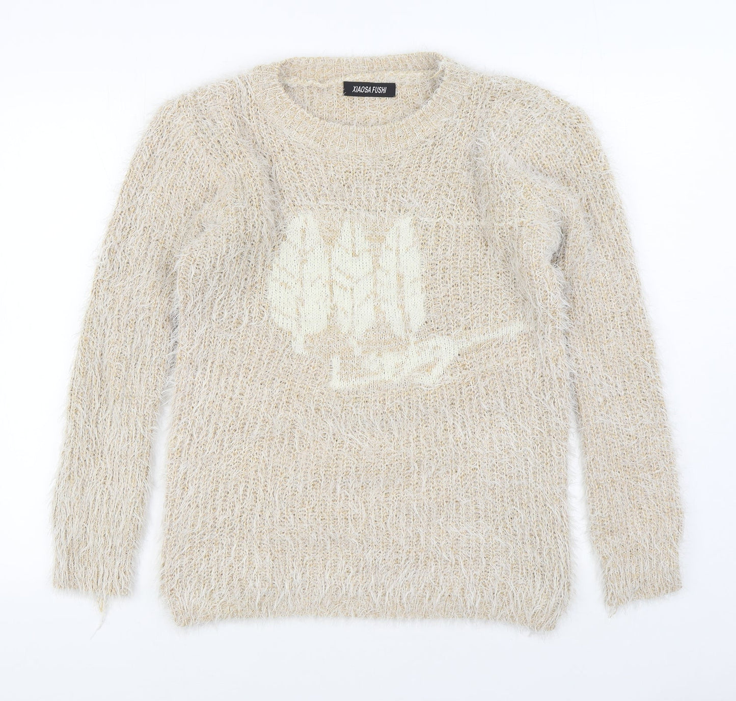 Xiaosa Fushi Womens Beige Round Neck  Cotton Pullover Jumper Size S