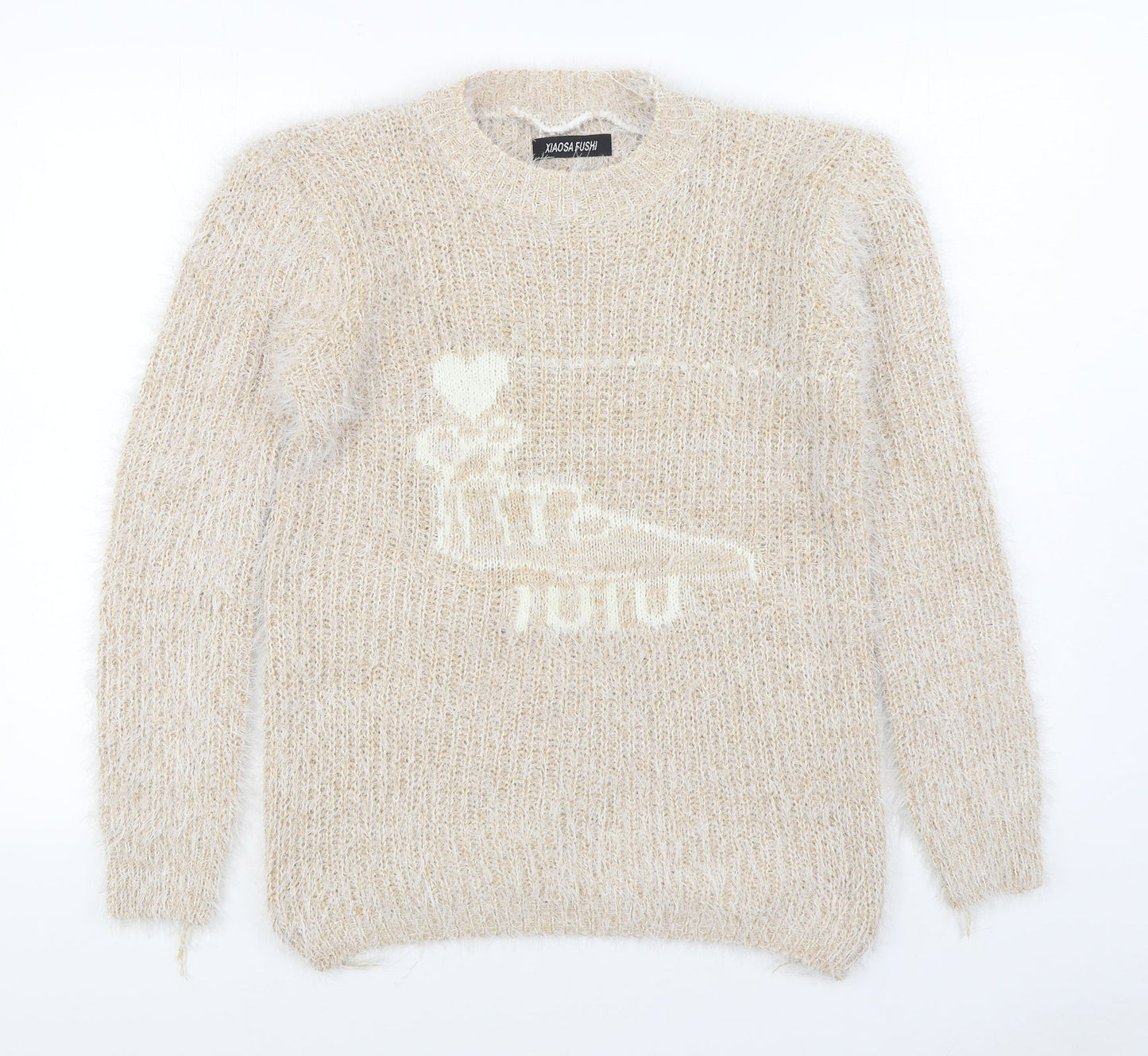 Xiaosa Fushi Womens Beige Round Neck  Cotton Pullover Jumper Size S