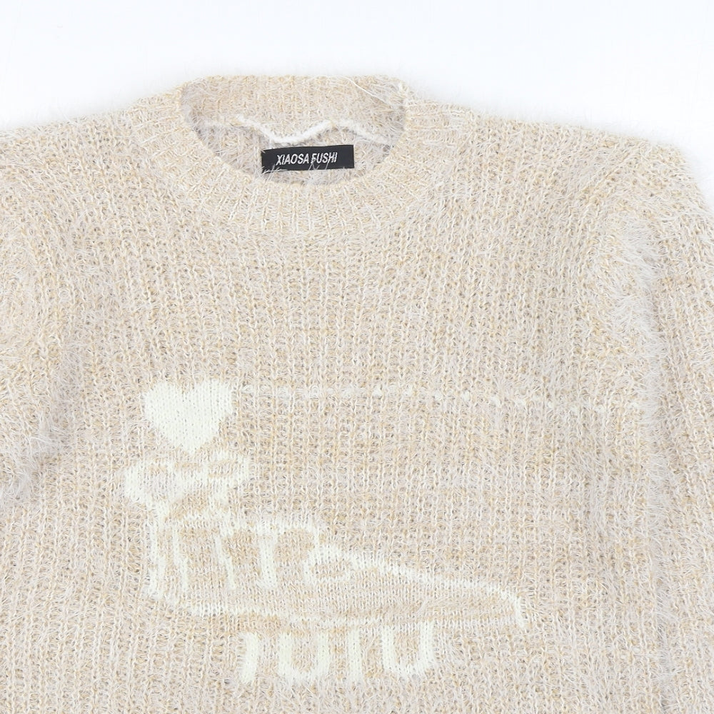 Xiaosa Fushi Womens Beige Round Neck  Cotton Pullover Jumper Size S
