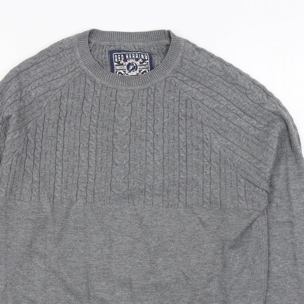 Red Herring Mens Grey Round Neck  Acrylic Pullover Jumper Size S