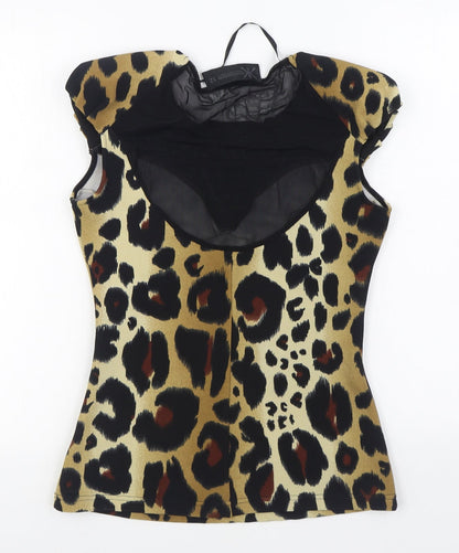 Kardashian Kollection Womens Brown Animal Print Polyester Basic Blouse Size 12 Round Neck