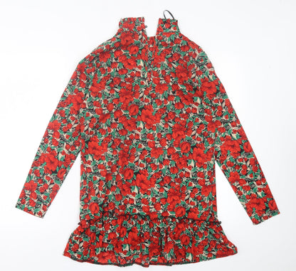 Missguided Womens Red Floral Polyester A-Line  Size 8  High Neck Button