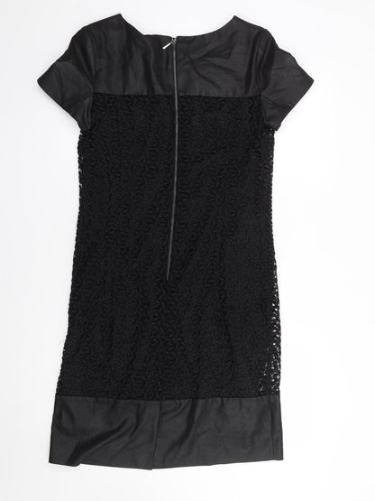 Marks and Spencer Womens Black Floral Polyester A-Line  Size 12  Round Neck Zip