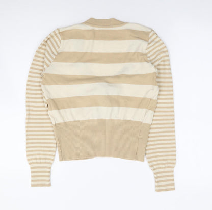 Stressmoda Womens Beige V-Neck Striped Acrylic Cardigan Jumper Size S