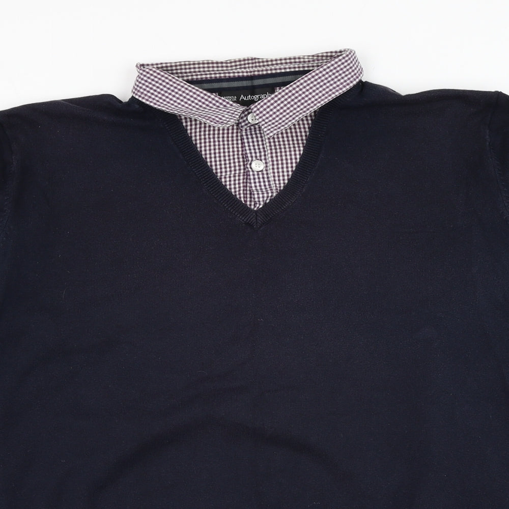 Marks and Spencer Mens Blue Collared  Cotton Pullover Jumper Size XL