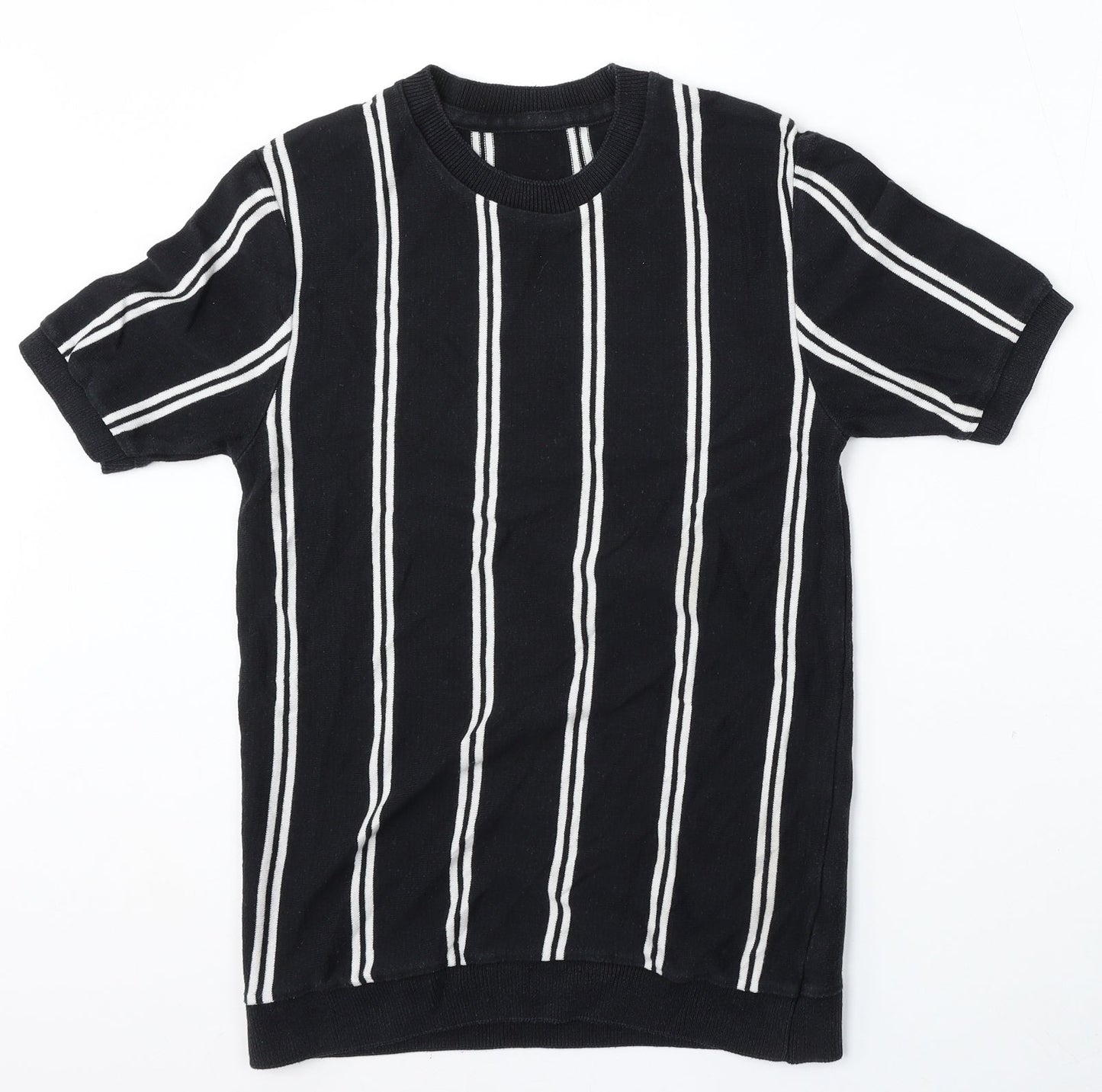 Topman Mens Black Round Neck Striped Cotton Pullover Jumper Size S