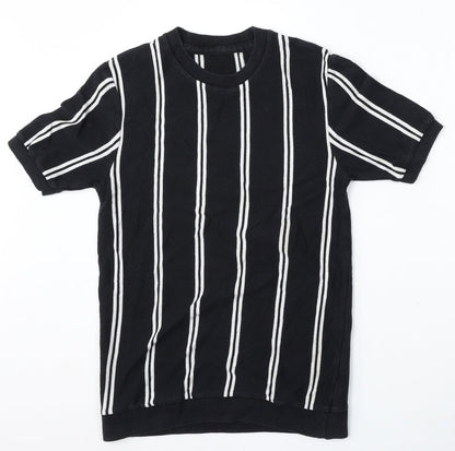 Topman Mens Black Round Neck Striped Cotton Pullover Jumper Size S