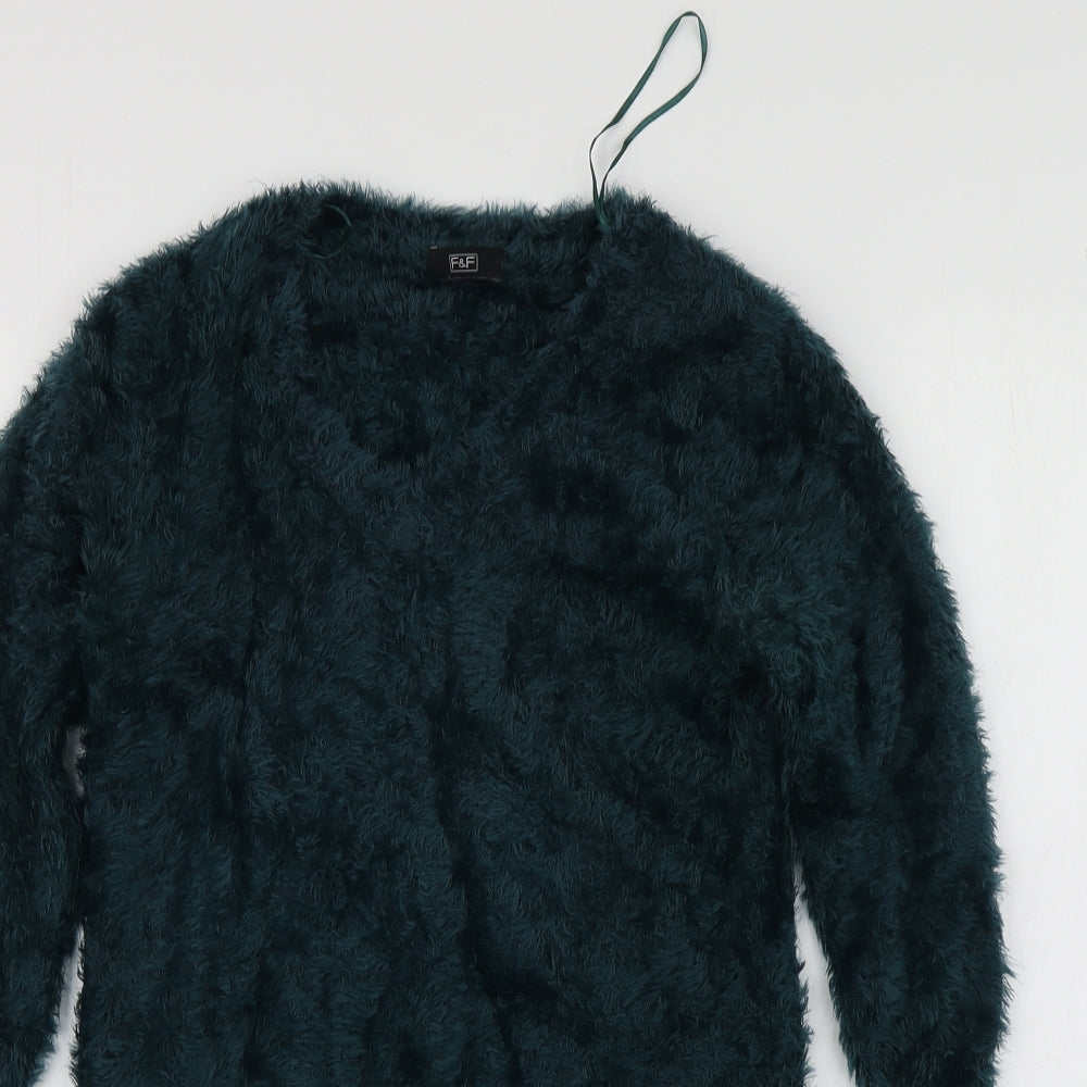 F&F Womens Green V-Neck  Nylon Pullover Jumper Size 8