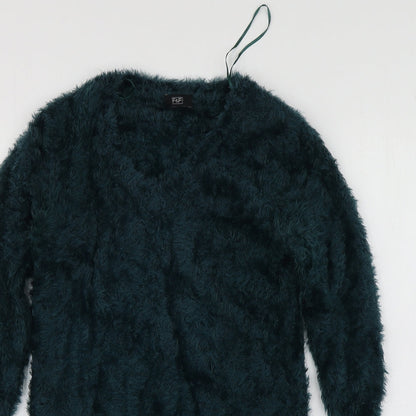 F&F Womens Green V-Neck  Nylon Pullover Jumper Size 8