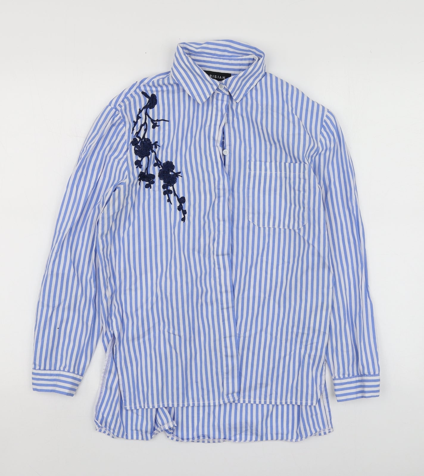 Parisian Womens Blue Striped Cotton Basic Button-Up Size 8 Collared