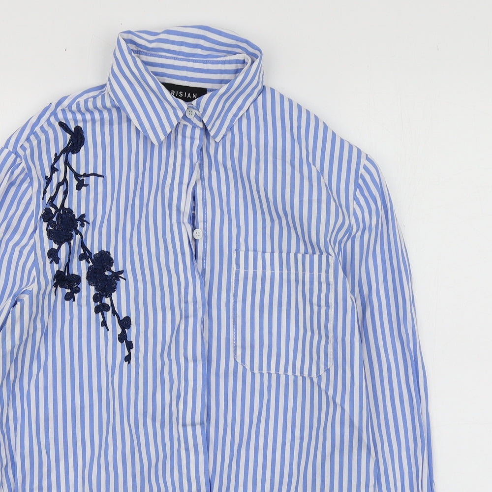 Parisian Womens Blue Striped Cotton Basic Button-Up Size 8 Collared